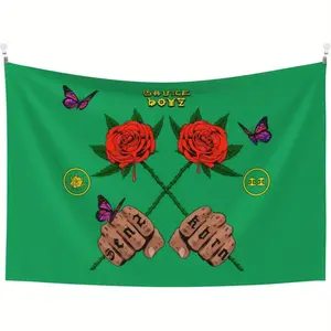 1 piece Eladio Rapper Carrion Music Tapestry Wall Art - Vivid green aesthetic hanging decoration with red roses, butterflies and fist designs, suitable for living room or bedroom, music theme decoration | Vibrant Tapestry Music Room Decoration