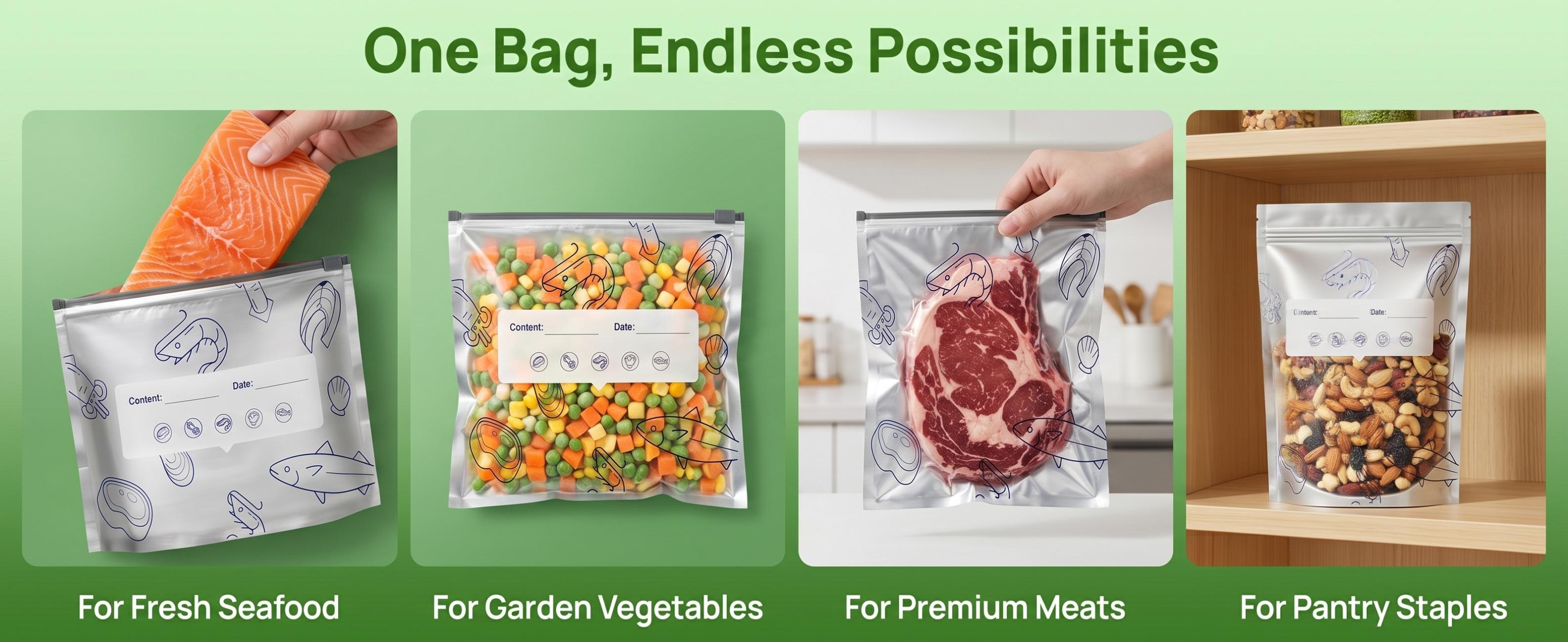 60PCS 3 Sizes 2026 New Upgraded Thickened Reusable Aluminum Foil Sealable Storage Bags, Airtight Vacuum Zipper Pouches, Leak Proof Freezer Safe Stand Up Bags with Label & Zip Lock for Meal Prep, Pantry, Vegetable, Fruit, Meat, Travel Snacks