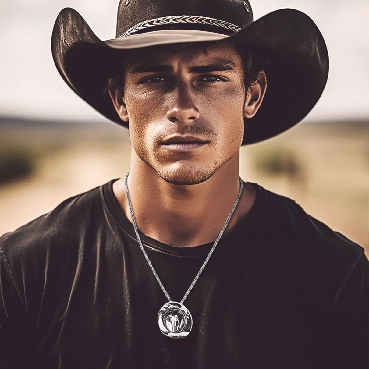 FaithHeart Men's 316L Stainless Steel Western Cowboy Hat Statement Necklace - 35.6g Solid Classic Unisex Statement Jewelry, Adjustable Chain, Color Electroplating, Non-Fading, Casual Ethnic Style, Decent Gift Packaging for Cowboys