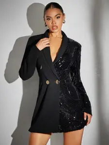 Women's Sequin Party Jacket, Elegant Long Sleeve Blazer, Trendy Blazer, Winter Slim-Fitting Women's Clothing, Contrast Sequin Design