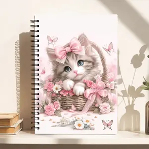Cute Cat Notebook with Flower Basket, Spiral Bound Diary, Spiral Coil Notebook, Compact Size, Lined Pages, Durable Paper, Elegant Stationery, School Office Gift, Creative Writing Journal, Stationery Office Supplies
