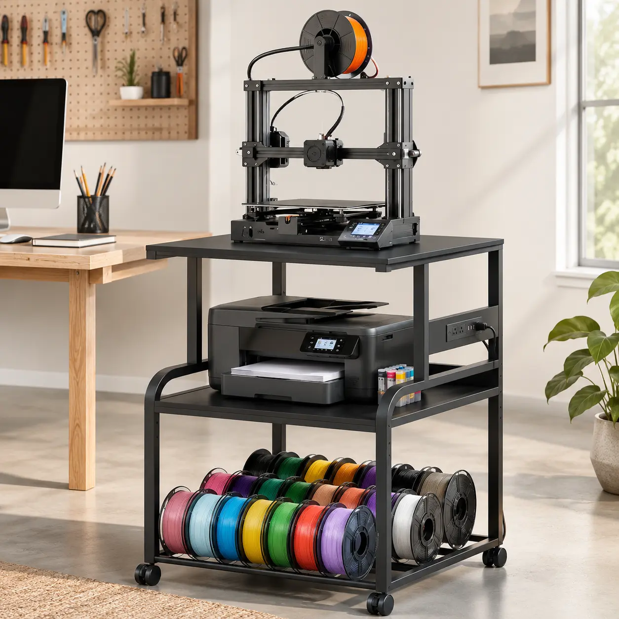 3D Printer Stand with Power Outlet, 23.6" x 23.6" Heavy Duty Rolling Printer Cart with Filament Storage, 3-Tier Printer Table with Locking Wheels for Home Office
