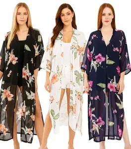 Women’s Puff Sleeve Kimono Cardigan Floral Print Loose Summer Cover Up,Lightweight Chiffon for Resort Beachwear
