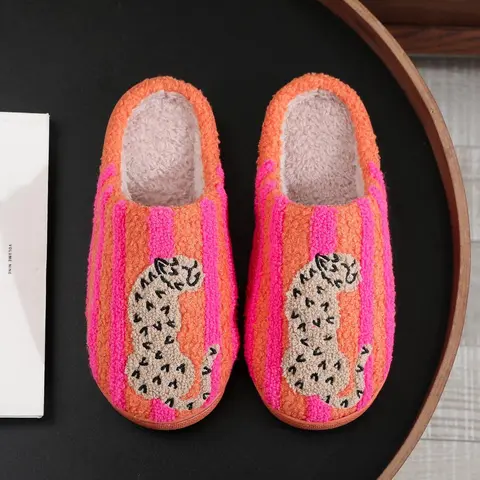 Retro Orange Pink Striped Leopard Embroidered Fuzzy Closed Toe Slippers Women, Super Soft Fluffy Lined Warm Winter House Slides, Anti Slip Quiet Sole Cozy Indoor Bedroom Plush Slipper, Fashion Aesthetic Cute Home Shoes Perfect Holiday Gift for Girls Ladie