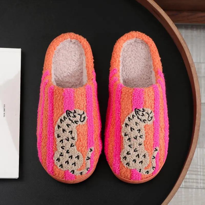 Retro Orange Pink Striped Leopard Embroidered Fuzzy Closed Toe Slippers Women, Super Soft Fluffy Lined Warm Winter House Slides, Anti Slip Quiet Sole Cozy Indoor Bedroom Plush Slipper, Fashion Aesthetic Cute Home Shoes Perfect Holiday Gift for Girls Ladie