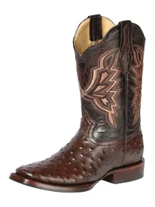 Botas Rodeo de Avestruz Grabado Punta Cuadrada Color Cafe - El General