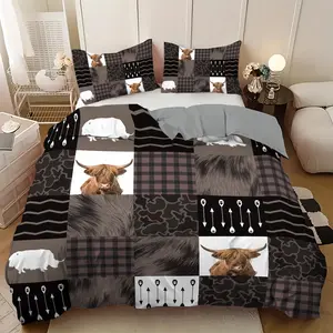 3-piece set of spliced grid and highland cow print decorative duvet cover combination, Duvet Cover Sets, made of polyester fabric, including 1 duvet cover and 2 pillowcases (unfilled), suitable for home bedrooms/hotels/schools, available in multiple sizes