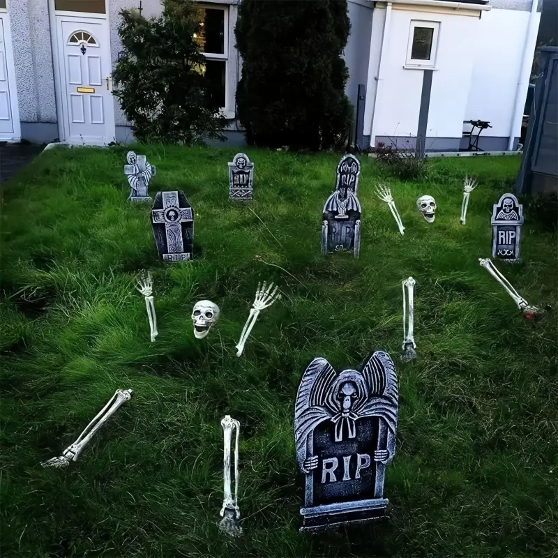Halloween Ground Skeleton Set, Realistic Plastic Skull Head Prop, Halloween Decoration Accessories, Spooky Party Supplies
