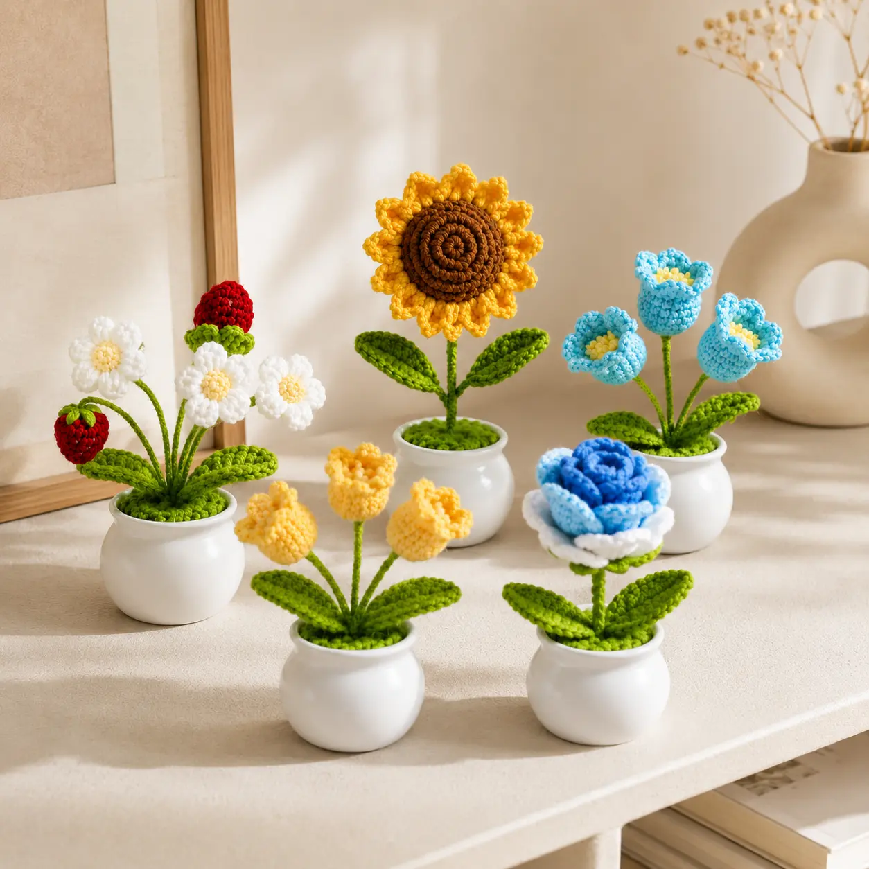 Handmade Positive Floral Crochet Decorative Flowers 1-2-3pc - Inspirational Pot & Room Decor Gift for Women - Thank You, Appreciation, Birthday Present for Teacher, Mom, Artificial Flower, Crochet Handmade Bouquet