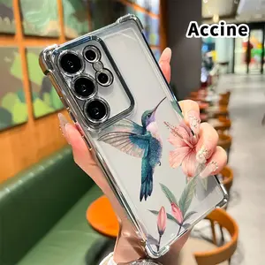 Hummingbird and Hibiscus Mobile Phone Case Compatible with Samsung Galaxy S23 Ultra S24 Plus S25 S22+ FE Edge Four Corner Anti-drop Shockproof Non-slip Silicone Transparent Protective Cover
