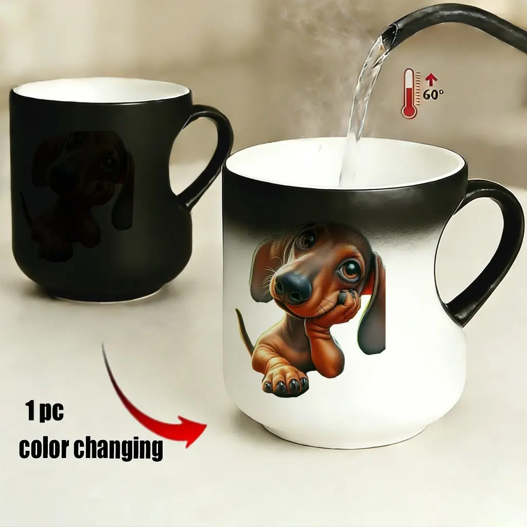 Color Changing Mug, Heart Handle Dachshund Dog, Thermosensitive Ceramic Mug, 11oz/330ML, Perfect for Gifts, Funny Mugs, Ceramic Printed Drinkware