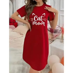 Soft Micro Stretch Women's Lingerie Cat Mom Printed Short Sleeve Round Neck Nightgown Sexy Elegant Young Style Women's Valentine's Day Dress Mother's Day Christmas Thanksgiving New Year Gift Ideas