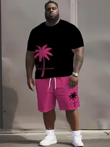Men's Two-Piece Set, Short Sleeve Tropical Coconut Tree Print T-Shirt and Shorts, Casual Summer, Regular Fit, No Button, China Origin