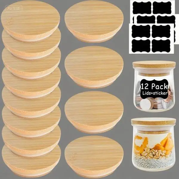 Leakproof Silicone Sealed Lids - 12 Piece Set, Reusable Bamboo Yogurt Jar Covers, Airtight Food Storage, Eco-Friendly Kitchen Accessories, Dishwasher Safe Lids for Mason Jars