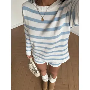 Women's Y2K Cute 2 Pieces Set Striped Color Long-Sleeve Knitted Sweater Top Shorts Waist Drawstring Suitable For Travel And Daily Wear Casual Sweater Matching Sets Woman Spring Autumn Outfits Clothes Back To School