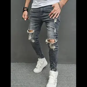 Men Cotton Splash Ink Print Ripped Skinny Jeans