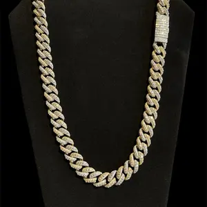 2 Tone Gold .925 Silver Moissanite Solid Cuban Necklace Chain 39.53 CTW VVS D Color 14mm 24 inch