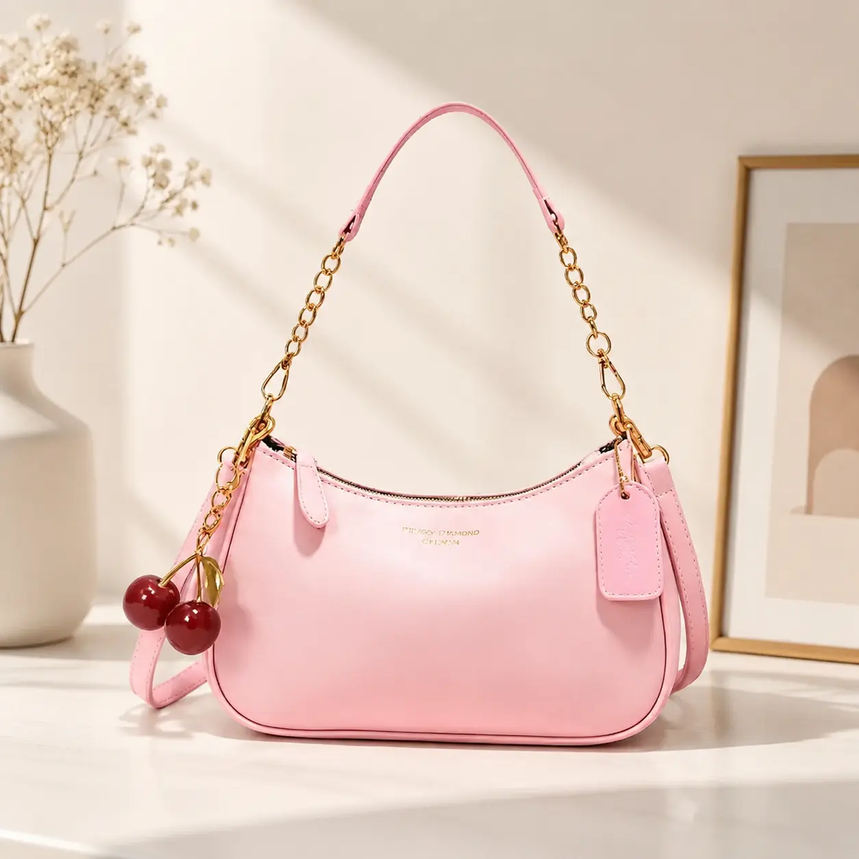Y2K Women's Leather Shoulder Bag with Cherry Charm | Lightweight Hobo Crossbody Purse for Work, Commute & Everyday Use