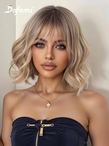 10 inch short body wave wig for women, gorgeous fluffy wigs with bangs, synthetic full machine wigs for party, daily use