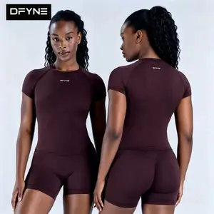 DFYNE Seamless Short Sleeve Gym Shirt Only| Slim Fit Crew Neck Workout Top, Tummy Control Athletic Running Fitness Tee for Women