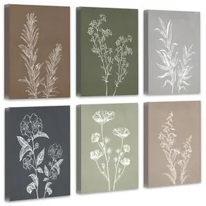Boho Wall Decor Botanical Wall Art Framed Wooded Minimalist Vintage Print Modern Rustic Farmhouse Home Kitchen Decor 8x10inx6pcs Gift Plant Poster Artwork Decorative Nature