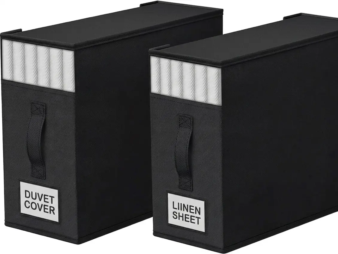 2-Pack Bed Sheet Set Organizer and Storage | Collapsible Bedding Storage Box for Closet | Heavy Duty Sheet Folders with Handle & Clear Windows | Fits Queen & King Duvet Covers | Linen Closet Organization (Black)