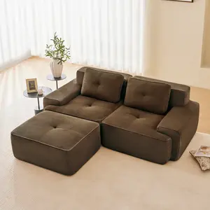 [Shipped in two packages]82" Modern L-Shaped Modular Sectional Sofa in Brown Corduroy Fabric Two-Seater with Deep Seat Movable Ottoman Pearl-like Piping Tufted Design No Assembly Needed Non-slip Base