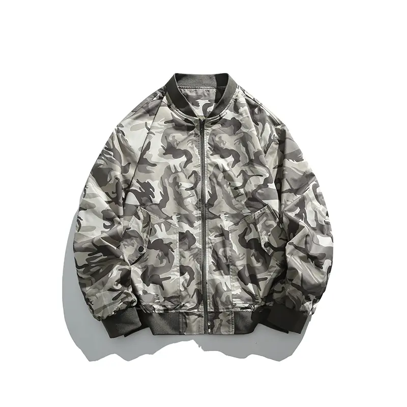 Baseball Collar Flight Jacket Men, Long Sleeve Pocket Zipper Jacket, Fashion Streetwear, plus size Casual Men's Top Camo Camouflage