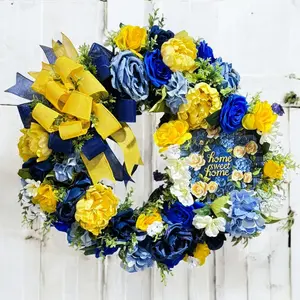 Blue & Yellow Roses Front Door Wreath 22 inch  "Home Sweet Home"
