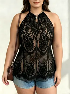 Plus Size French Halter Lace Blouse Shirts, Hollow Out Embroidered Waist Design, Sexy Slimming, Casual Office Date Top