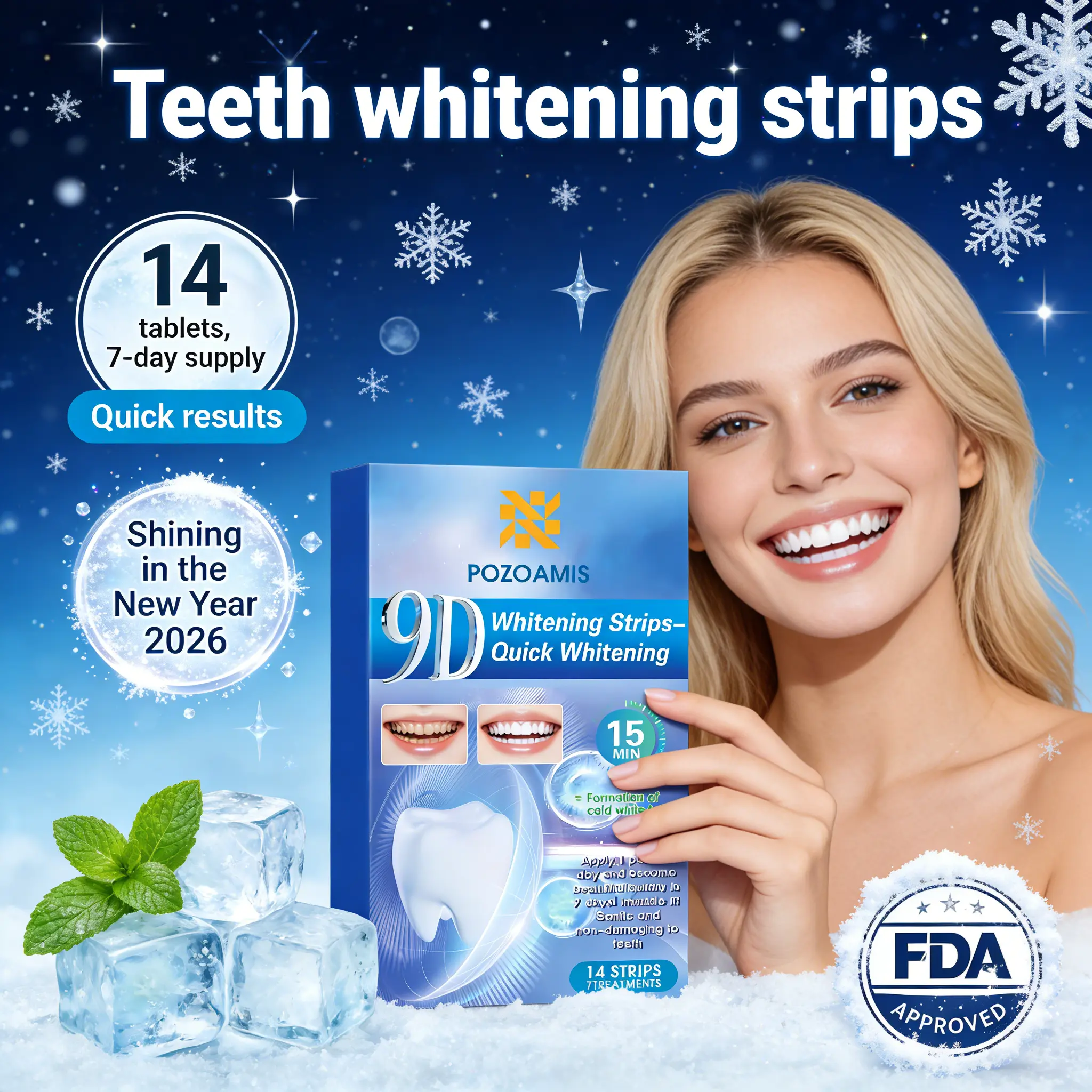 Professional Teeth Whitening Kit with 14 Enamel-Safe Hypoallergenic White Strips, Peppermint Flavor, Non-Sensitive 15-Min Treatment for Stubborn Stains, No-Slip Dry Grip, Gentle Cleansing for Coffee Stains, Brighter Smile in 7 Days, Daily Oral Care