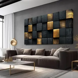 2D Flat, Modern Golden And Black Wooden BlockCanvas Wall Art, Large Retro Wall Art, Suitable For Wall Art DecorationIn Living Rooms, Bedrooms, Kitchens, And Bathrooms