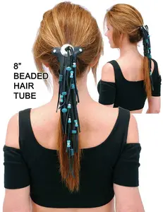 JAMIN LEATHER® 8" Long Turquoise Beaded Hair Tube #AHW654FBT - Top Grain Cowhide Leather with 3" Hair Barrette & 5 Snap Straps for Riding Protection