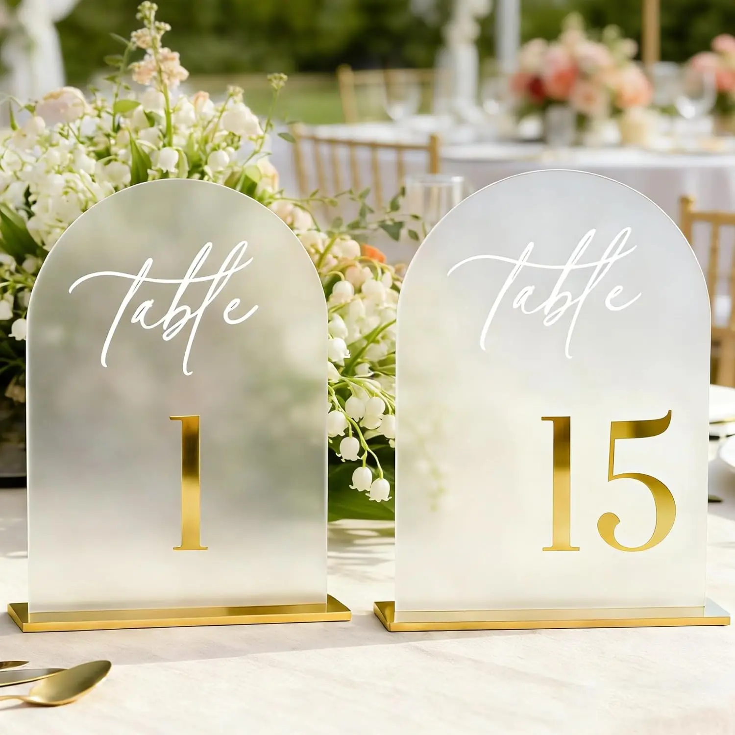Frosted Wedding Table Numbers 1-15 with Stands, Elegant Gold Number Arch Acrylic Signs with Holder, 5.5" x 7" Gold 3D Table Numbers for Wedding Reception, Party, Anniversary, Events