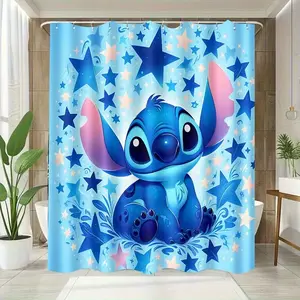 DISNEY CLASSIC Blue Starry Sky Stitch Print Bathroom Shower Curtain, Durable Polyester Fabric, Suitable for Single Apartment Bathroom, Bathroom Decoration with 12 Hooks