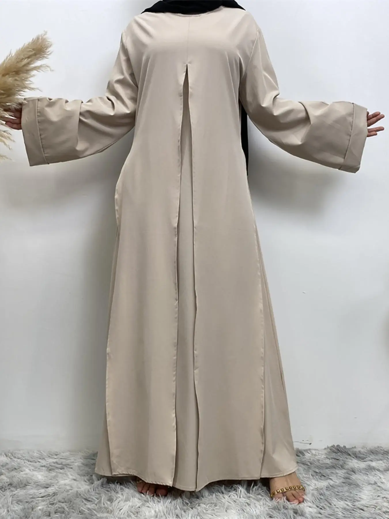 Women's Solid Color Tie Front Long Sleeve Kaftan Dress, Modest Round Neck Maxi Muslim Dress for Daily Wear, Women's Islamic Clothing for Spring & Fall