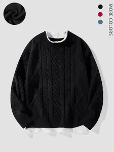 Men's Patchwork Print 2-IN-1 Textured Drop Shoulder Cable Knit Sweater, Loose Casual Long Sleeve Round Neck Jumper for Fall & Winter, Fashion Men's Knitwear for Daily Wear