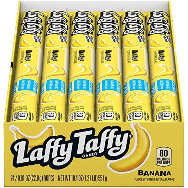 Laffy Taffy Banana Rope Candy, Individually Wrapped, 0.81 oz, 24 Ct | Chewy stretchy taffy rope, banana flavor, individually wrapped, jokes on wrapper, lunchbox, party, sharing