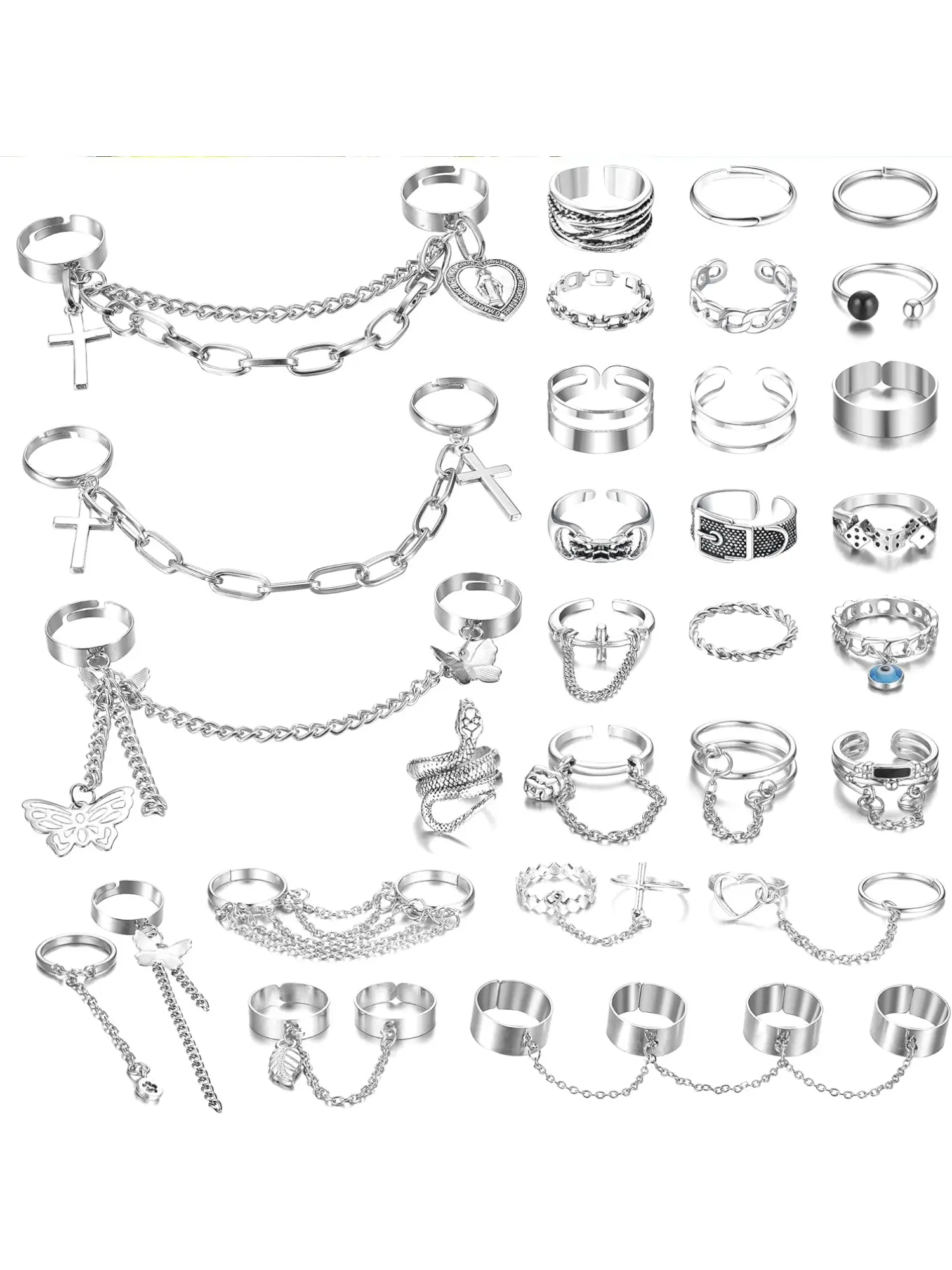 29 PCS Finger Chain Ring for Women Men Gothic Punk Chain Ring Cool Adjustable Vintage Snake Butterfly Cross Chain Ring Set