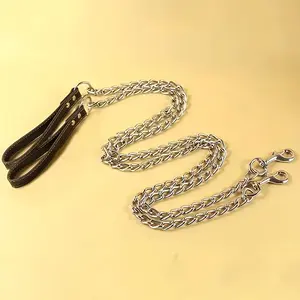 Dog Leash with Leather Handle, Durable Metal Anti-Chew Chain, 120cm Long Pet Leash for Large Dogs, Strong and Secure