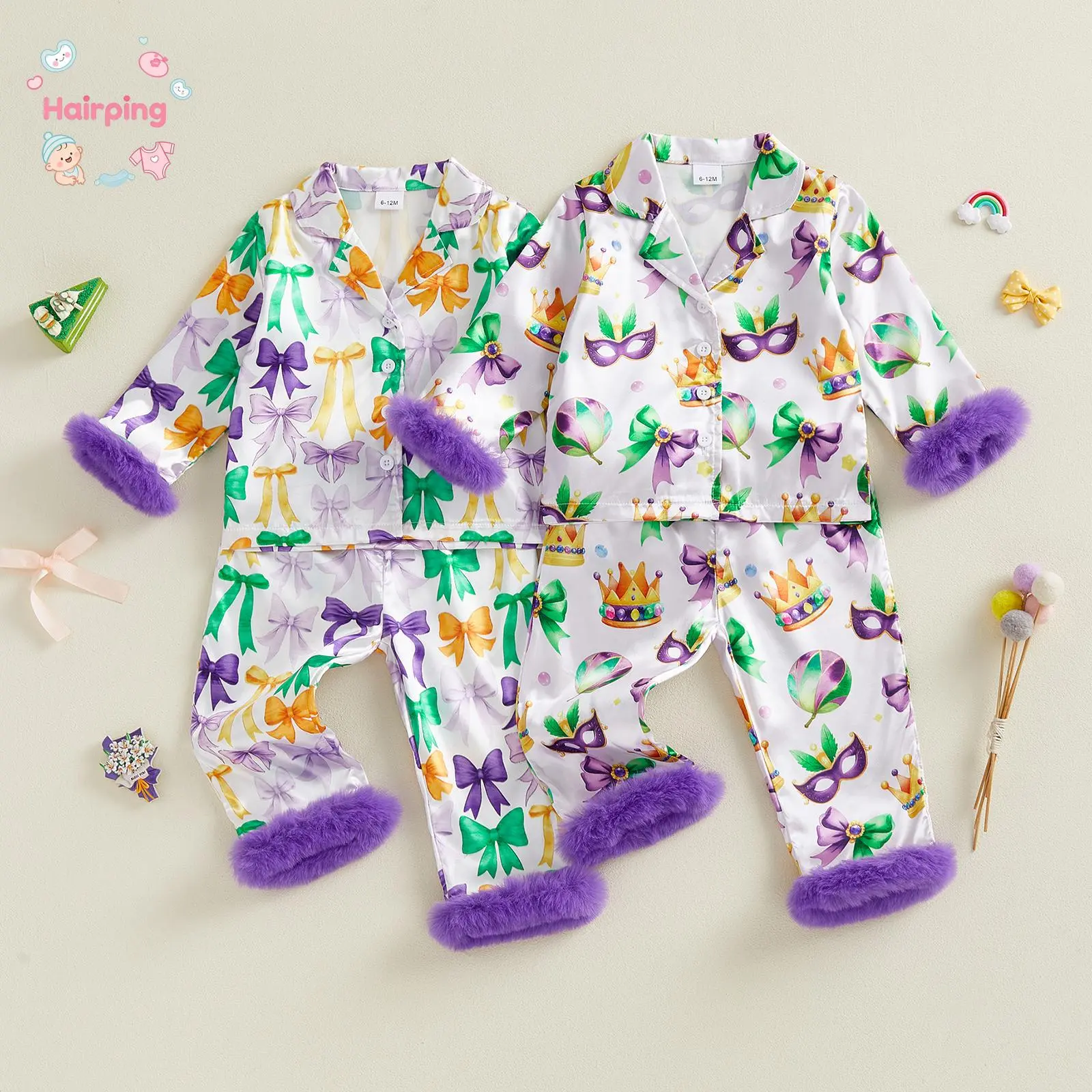 Toddler Girl Mardi Gras 2-Piece Pajama Set - 1-2 Years,2-3y,3-4y,4-5y,5-6y, Full Bow Print, Fur Trim Button-Down Long Sleeve Top, Soft Satin Pants, Kids Sleepwear Gift Set