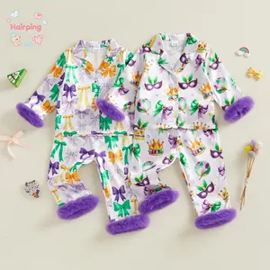 Toddler Girl Mardi Gras Pajamas 2-Piece Set - Full Bow Print, Fur Trim Button Down Long Sleeve Top & Pants, Soft Satin Sleepwear for Kids