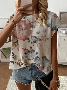 Spring Summer Women's Knit Top Blouse, Round Neck Shoulder Straps Loose Fit, Floral Plant Print Short Sleeve, Casual Elegant Commuter Wear Womenswear