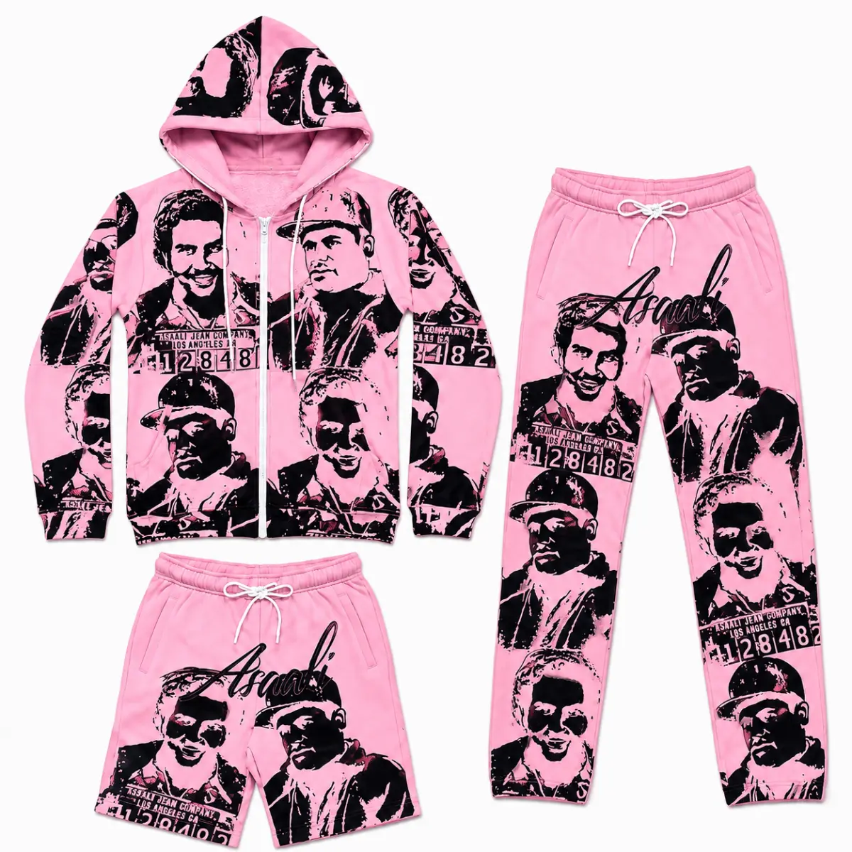 Asalli Vintage Mugshot Graphic 3 Piece Tracksuit Set, Zip Up Hoodie Jogger Pants & Shorts, Urban Streetwear Matching Outfit