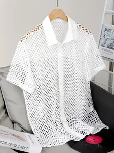 Men's Summer Hollow Out Solid Color Plain Short Sleeve Casual Minimalist Fitted Shirt, Sexy Personal Style, Soft Breathable Fabric, Comfortable Warm Wear, Top, Menswear, Lightweight Shirts