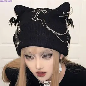 Unisex Gothic Punk Cat Ear Knit Hat, Black Soft Winter Beanie with Chains, Bat Charm & Heart Decor, Adjustable Machine Washable Hat for Emo Grunge Streetwear