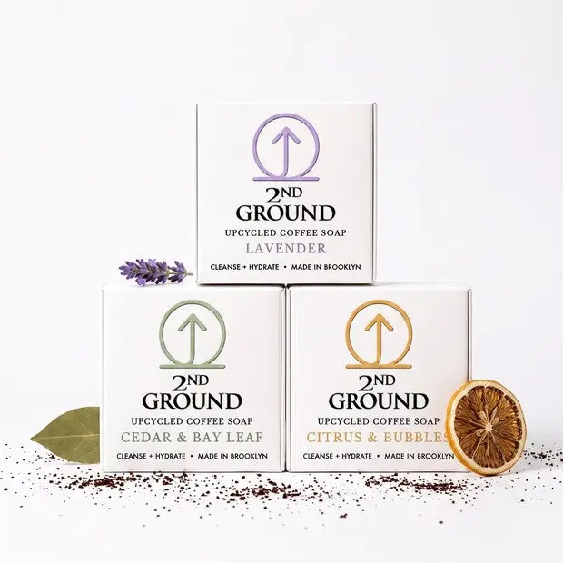 2nd Ground Variety 3-Pack Body Care Coffee Soap - Citrus & Bubbles, Cedar & Bay Leaf, Lavender - Gentle Exfoliation, Moisturizing, Skin Repair - Plastic-Free, Brooklyn-Made