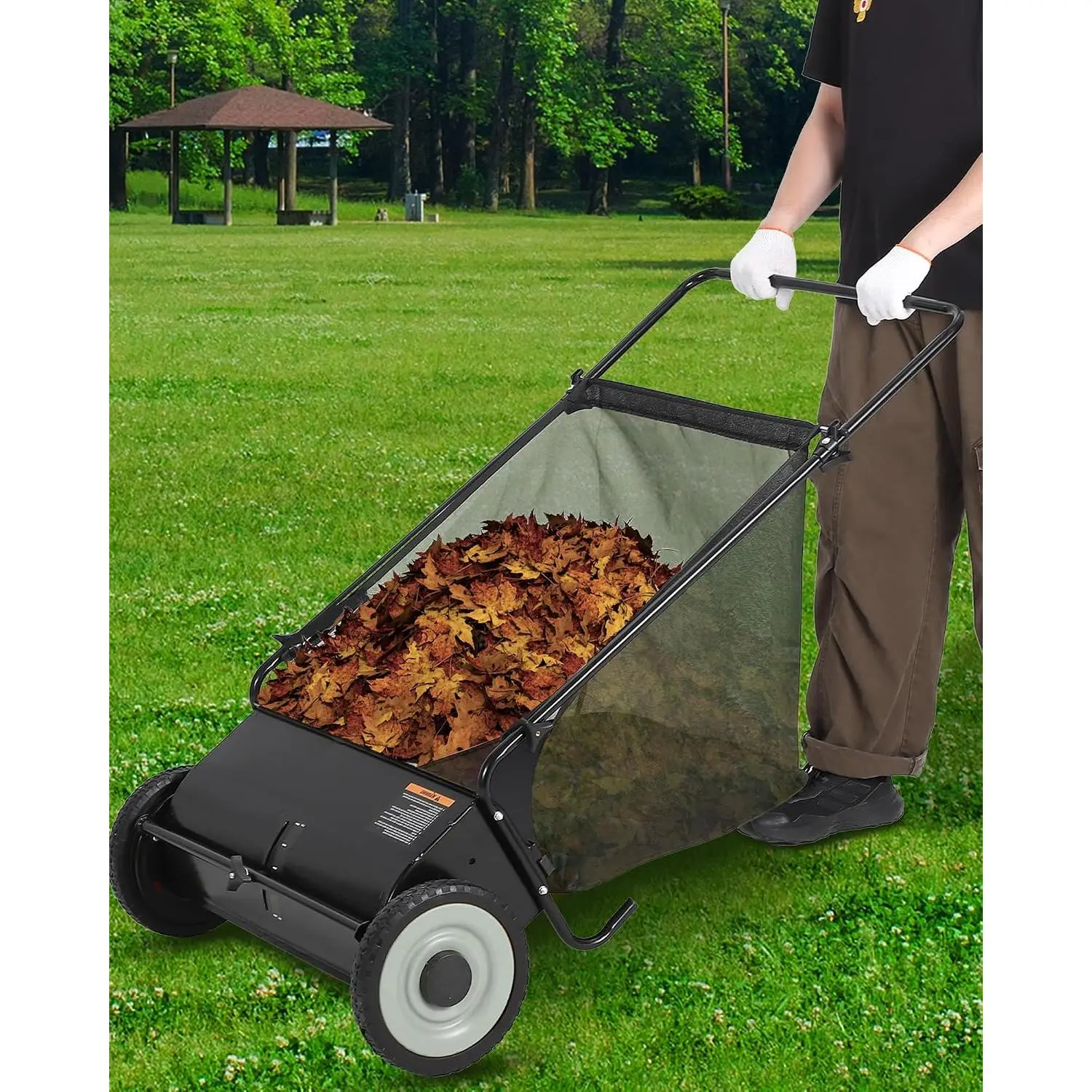 Garvee 21-Inch Push Lawn Sweeper, 3.5 Cu. Ft. Hopper Capacity Leaf & Grass Collector with 4 Spinning Brushes, Adjustable Height, for Grass Clippings, Leaves & Debris, Black