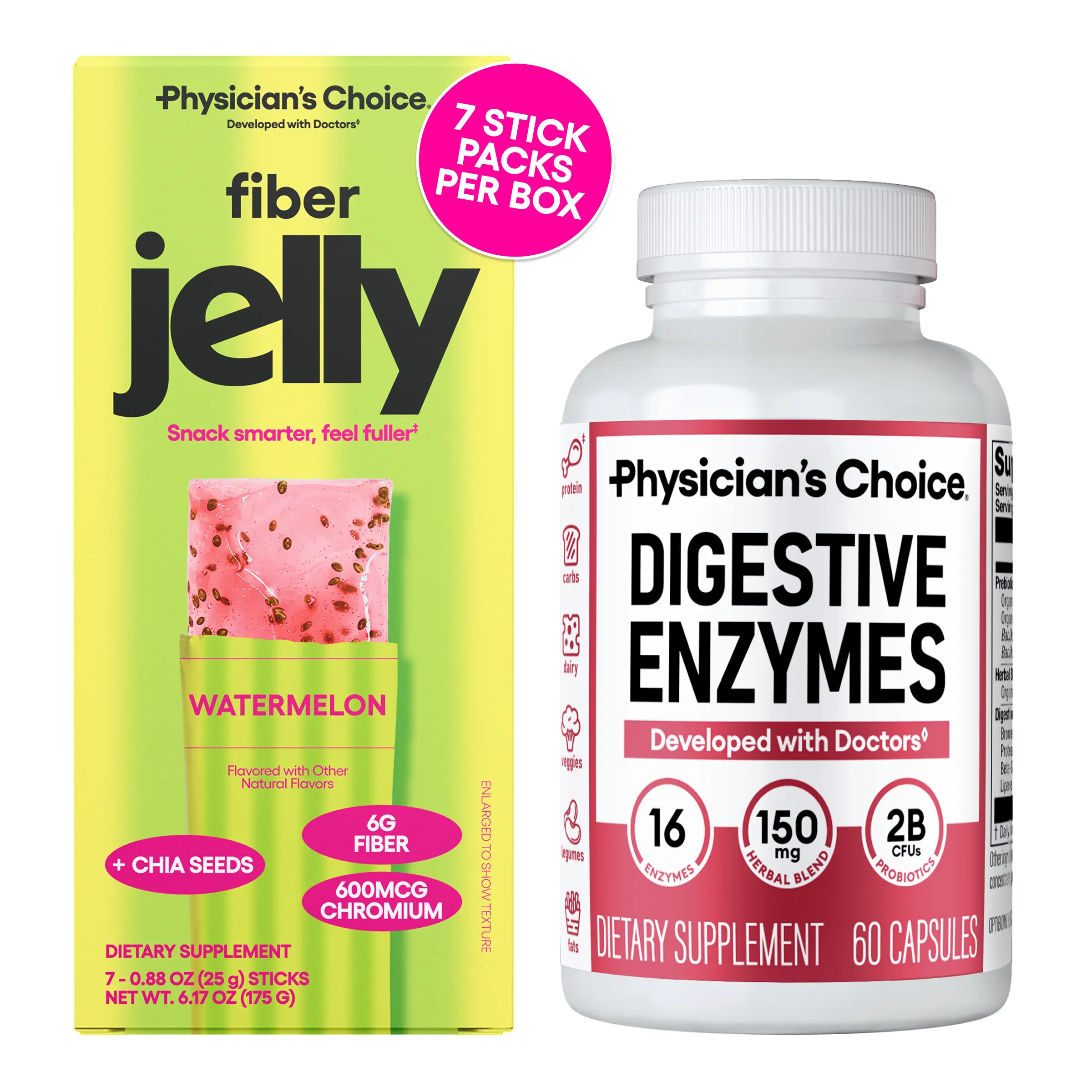 Physician's Choice Gut on the Go Duo: Digestive Enzymes 60ct + Fiber Jelly 7ct - GLP-1 Friendly Bloating Relief, Regularity & Fullness Support