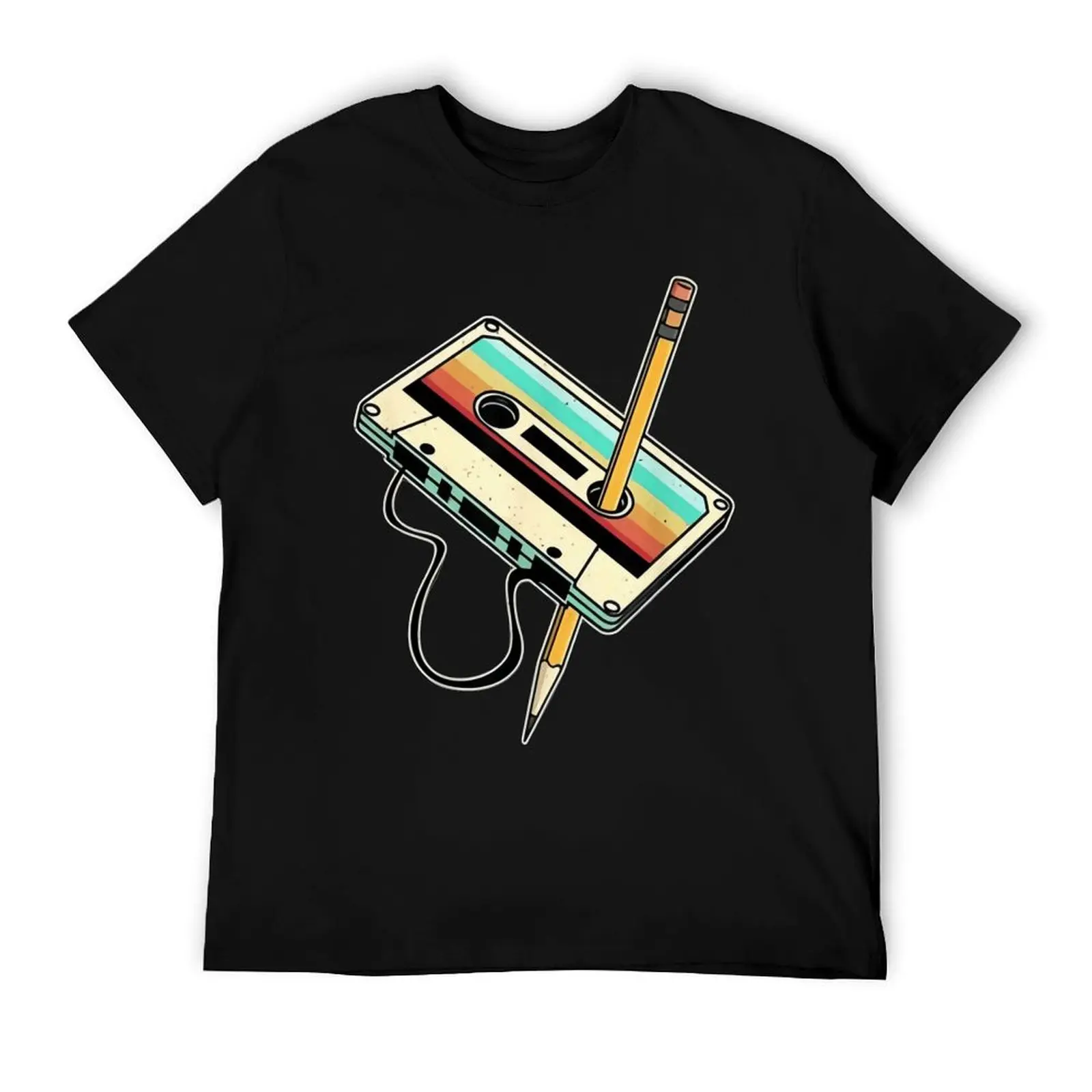 Vintage Cassette Tape Pencil Graphic Tee for Men Women Black Cotton T-shirt Retro 80s Music Summer Casual Gift 01